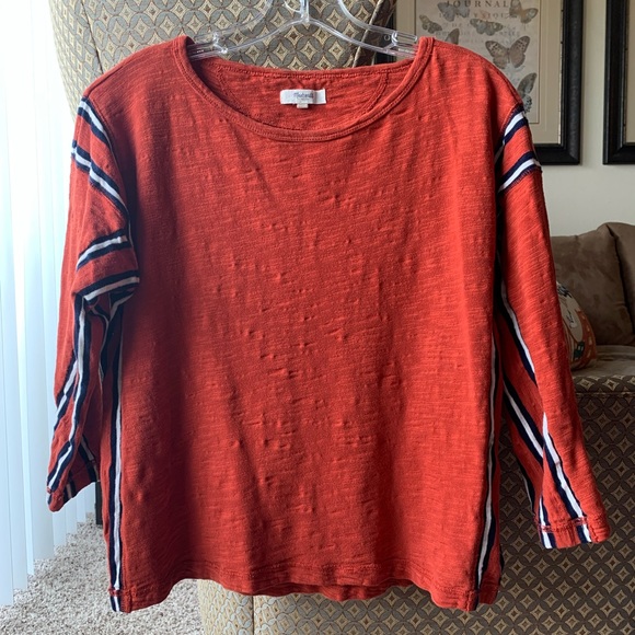 MADEWELL Style B6076 Rust Burnt Orange Boxy Fit Pullover Top Stripped Sides SZXS - Picture 7 of 11